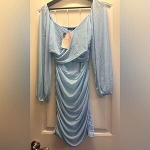 NEW Womens Cross V Neck Mesh Long Sleeve Ruched Bodycon Short Dress Size M